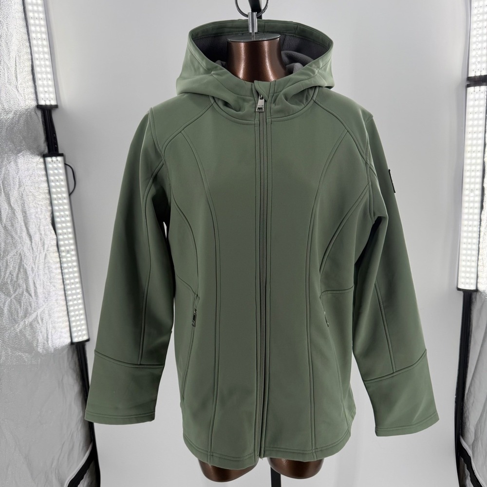 Bebe Sport Womens Softshell Hooded‎ Jacket Sage Green Fleece Lined Full Zip L